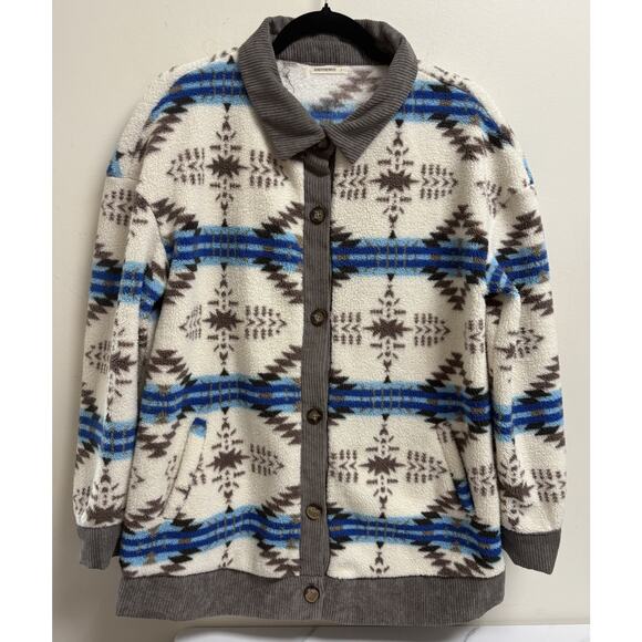 AndTheWhy Sherpa Fleece Jacket Aztec Cream Blue Brown Corduroy Trim Size L - Picture 1 of 5